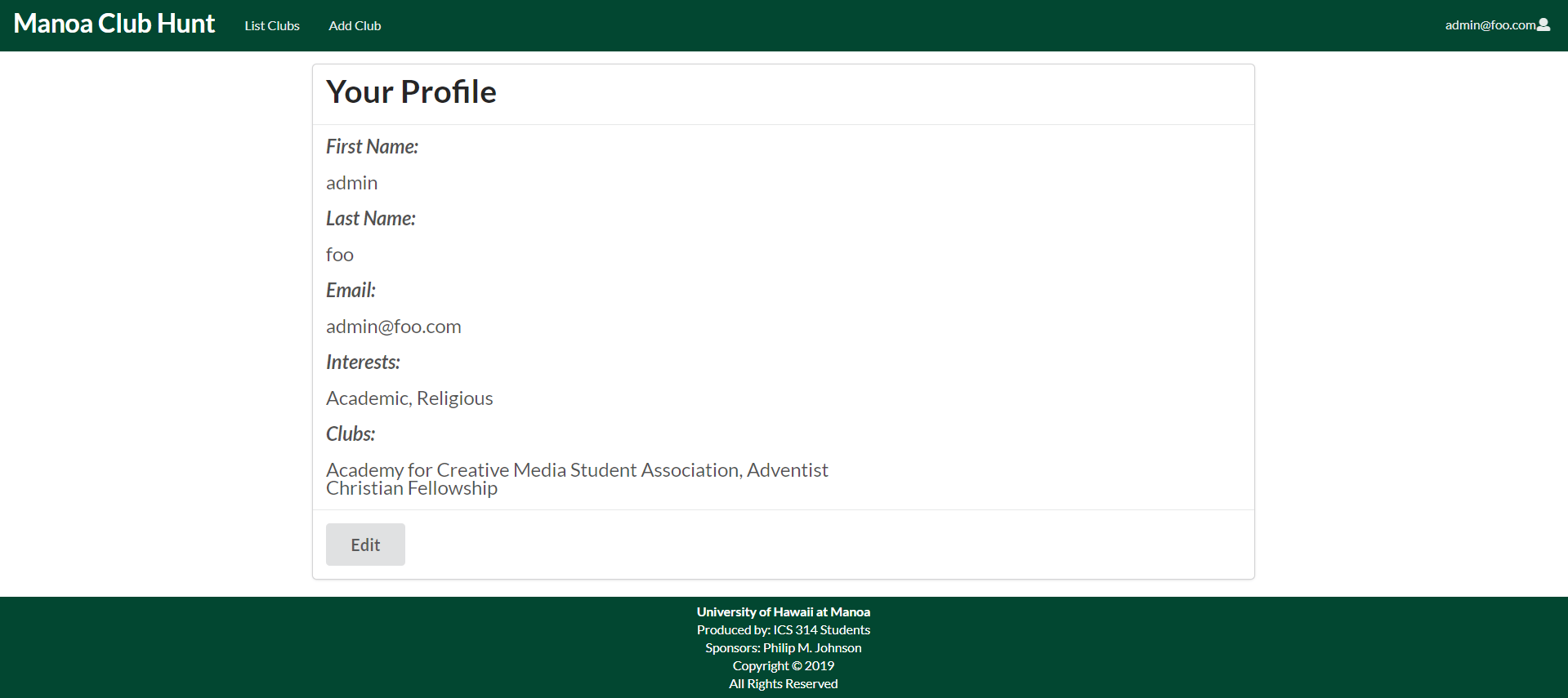 user profile page